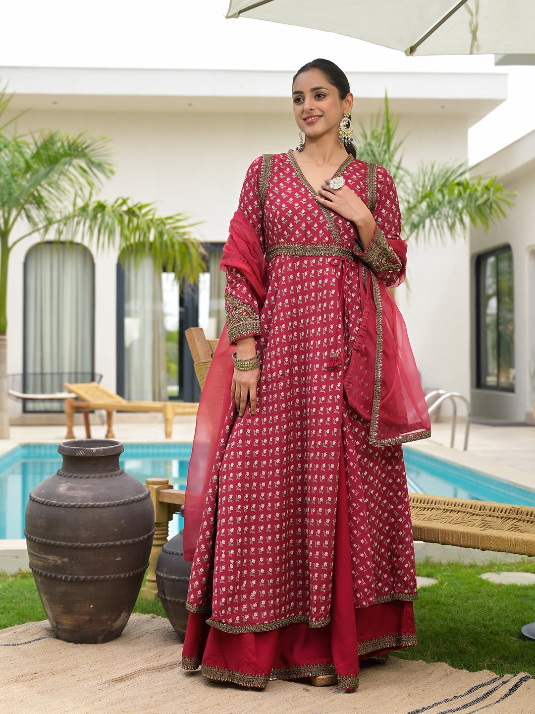 Maroon Printed & Zari Embroidered Rayon Layered Kurta With Dupatta Set For Women | LASVINI - Redefining Indian Fashion with Elegance