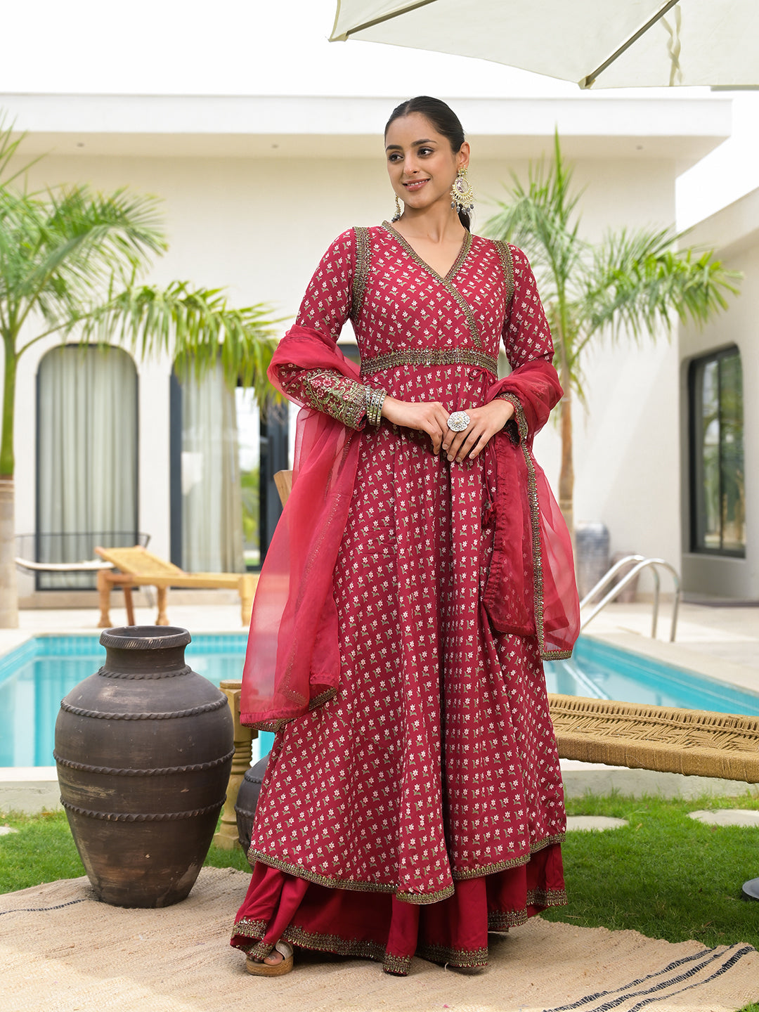 Maroon Printed & Zari Embroidered Rayon Layered Kurta With Dupatta Set For Women | LASVINI - Redefining Indian Fashion with Elegance