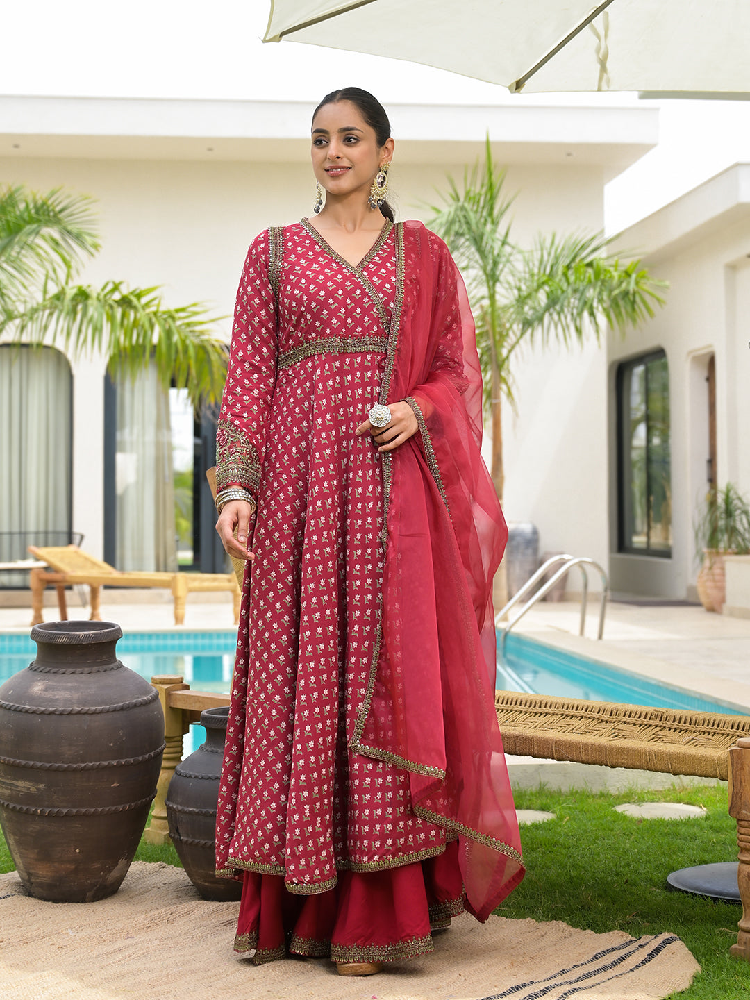 Maroon Printed & Zari Embroidered Rayon Layered Kurta With Dupatta Set For Women | LASVINI - Redefining Indian Fashion with Elegance