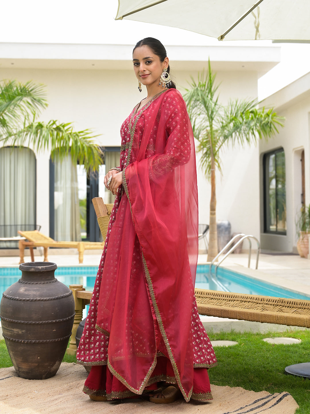 Maroon Printed & Zari Embroidered Rayon Layered Kurta With Dupatta Set For Women | LASVINI - Redefining Indian Fashion with Elegance