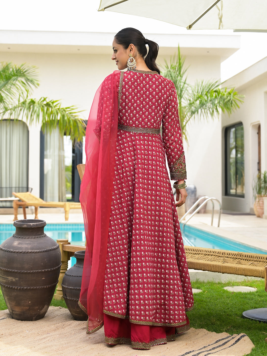 Maroon Printed & Zari Embroidered Rayon Layered Kurta With Dupatta Set For Women | LASVINI - Redefining Indian Fashion with Elegance