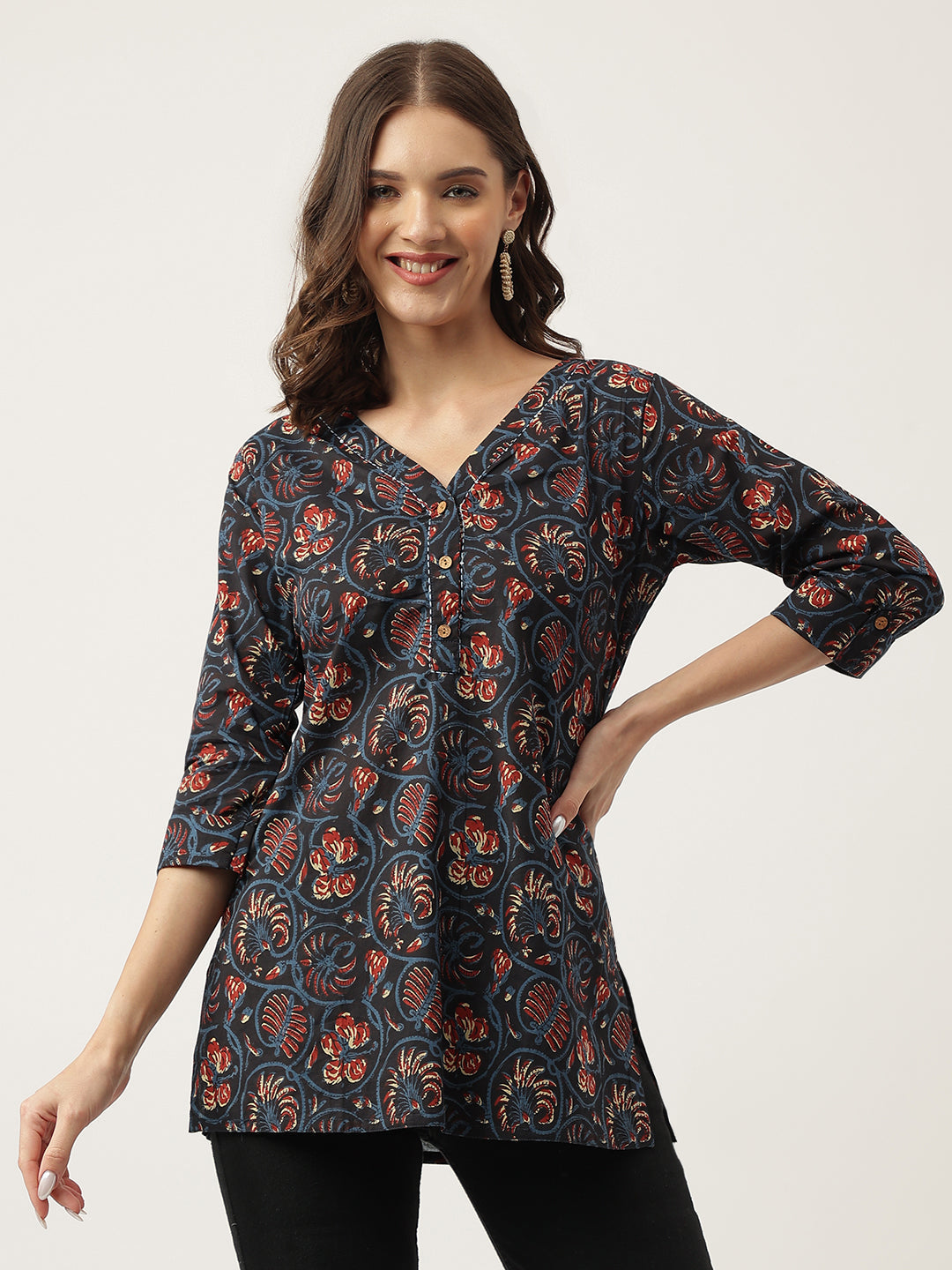 Navy Blue Floral Printed Cotton Peplum Fit V-Neck Top | LASVINI - Redefining Indian Fashion with Elegance
