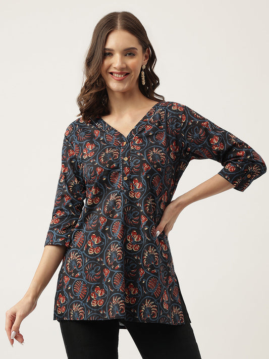 Navy Blue Floral Printed Cotton Peplum Fit V-Neck Top | LASVINI - Redefining Indian Fashion with Elegance