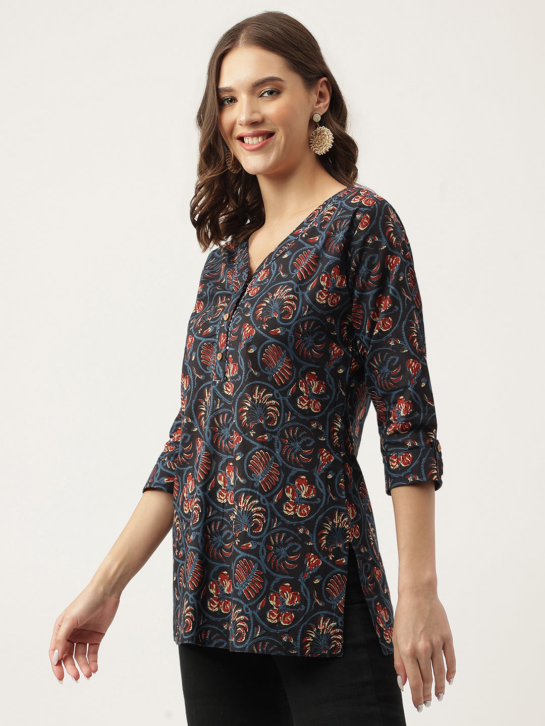 Navy Blue Floral Printed Cotton Peplum Fit V-Neck Top | LASVINI - Redefining Indian Fashion with Elegance