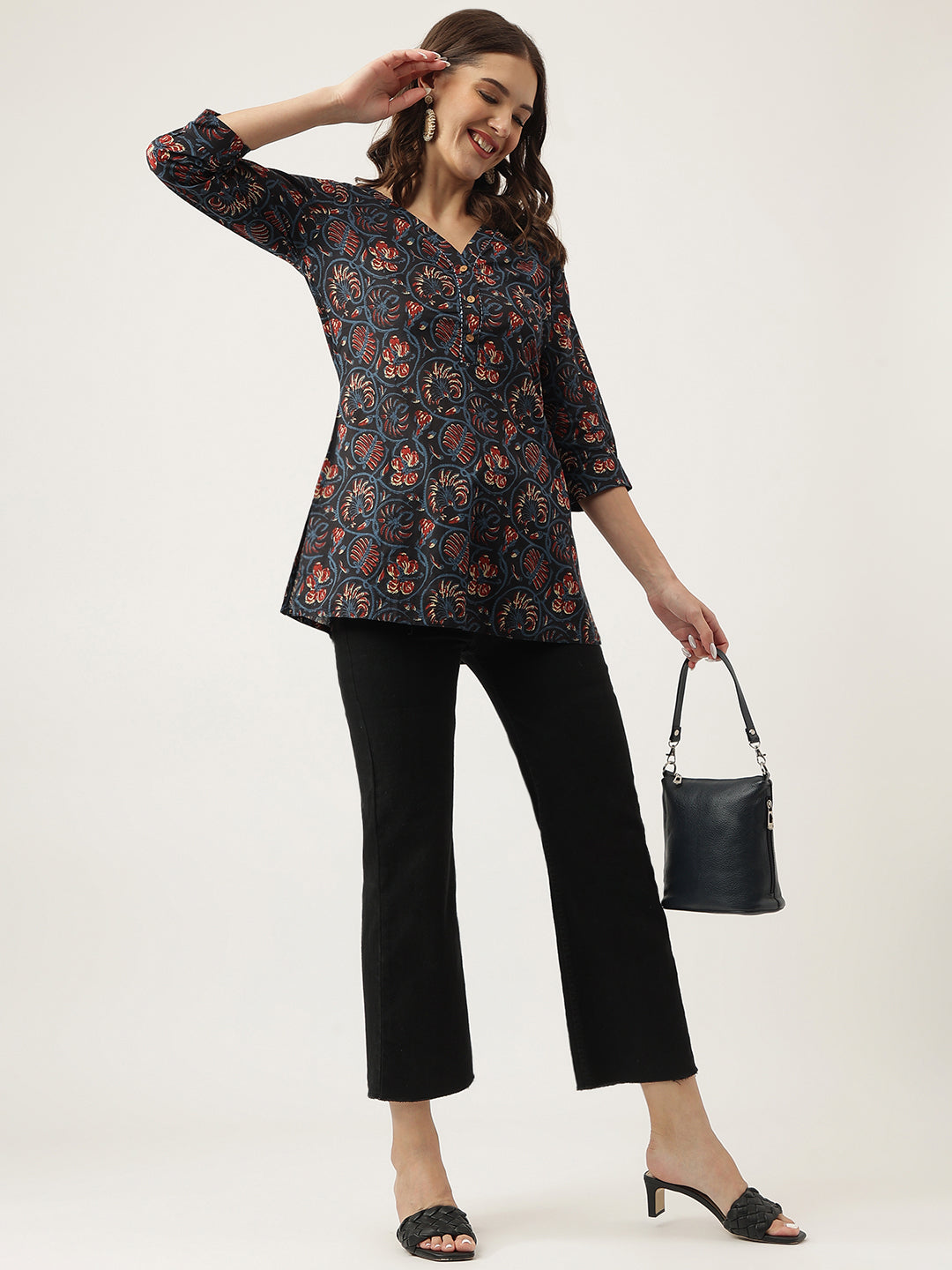 Navy Blue Floral Printed Cotton Peplum Fit V-Neck Top | LASVINI - Redefining Indian Fashion with Elegance