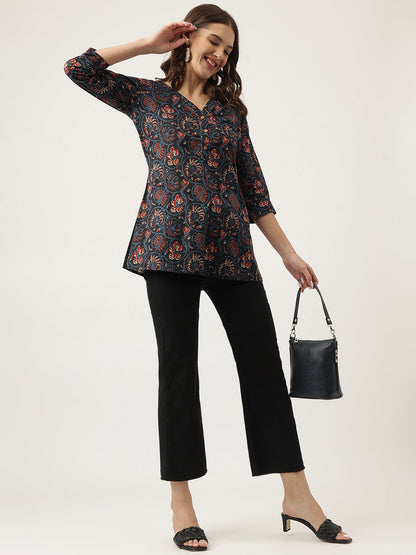 Navy Blue Floral Printed Cotton Peplum Fit V-Neck Top | LASVINI - Redefining Indian Fashion with Elegance