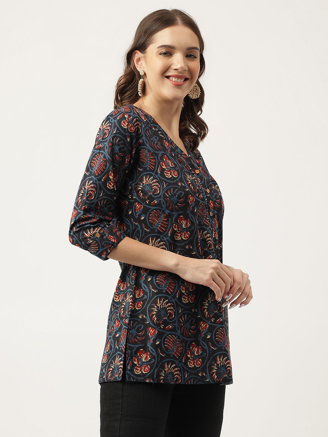 Navy Blue Floral Printed Cotton Peplum Fit V-Neck Top | LASVINI - Redefining Indian Fashion with Elegance