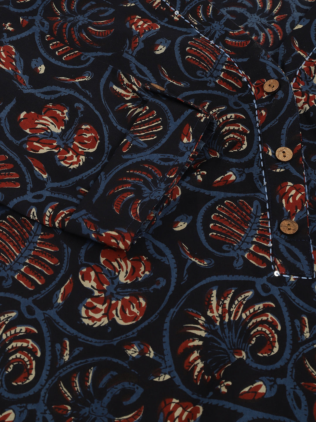 Navy Blue Floral Printed Cotton Peplum Fit V-Neck Top | LASVINI - Redefining Indian Fashion with Elegance