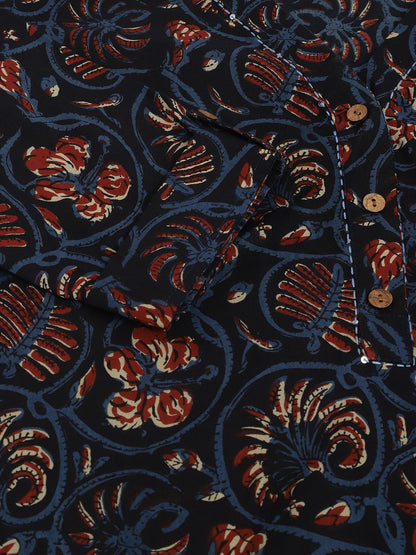 Navy Blue Floral Printed Cotton Peplum Fit V-Neck Top | LASVINI - Redefining Indian Fashion with Elegance