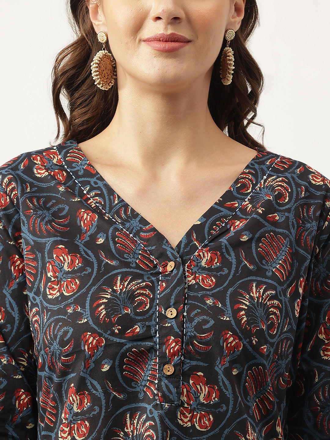 Navy Blue Floral Printed Cotton Peplum Fit V-Neck Top | LASVINI - Redefining Indian Fashion with Elegance
