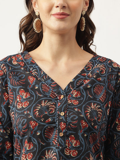 Navy Blue Floral Printed Cotton Peplum Fit V-Neck Top | LASVINI - Redefining Indian Fashion with Elegance