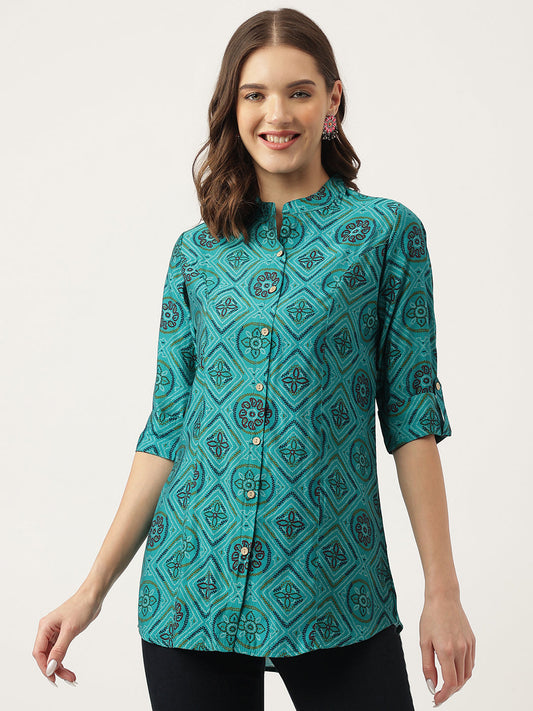 Turquoise Blue Printed Muslin Fold Sleeve Top | LASVINI - Redefining Indian Fashion with Elegance