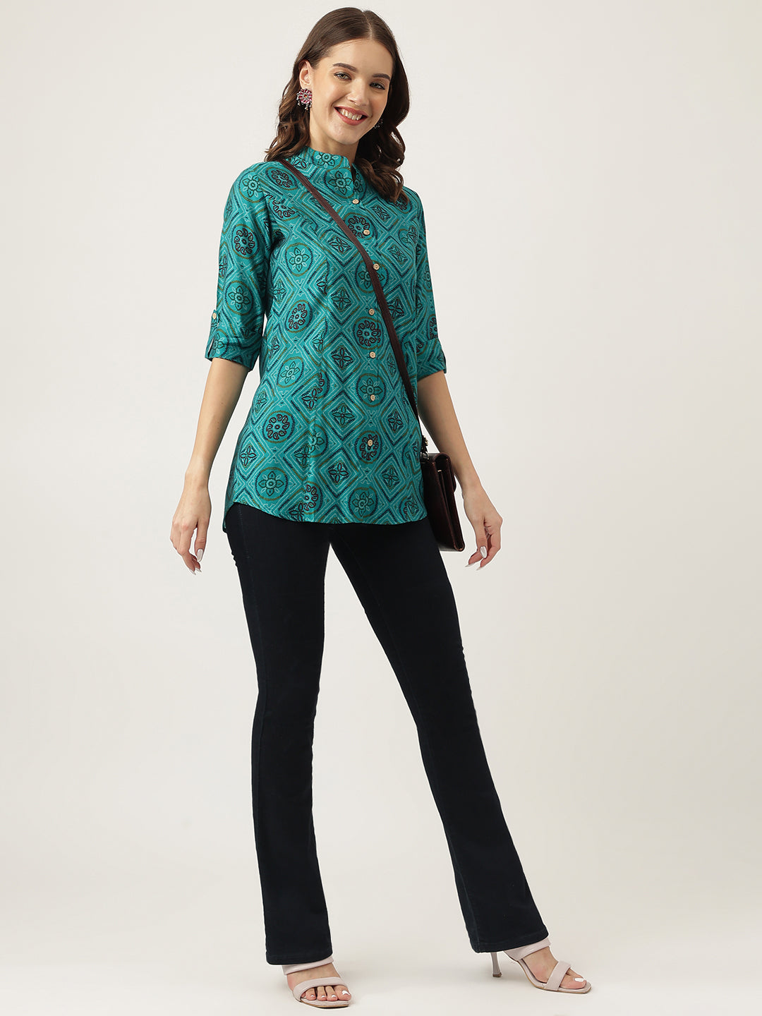Turquoise Blue Printed Muslin Fold Sleeve Top | LASVINI - Redefining Indian Fashion with Elegance