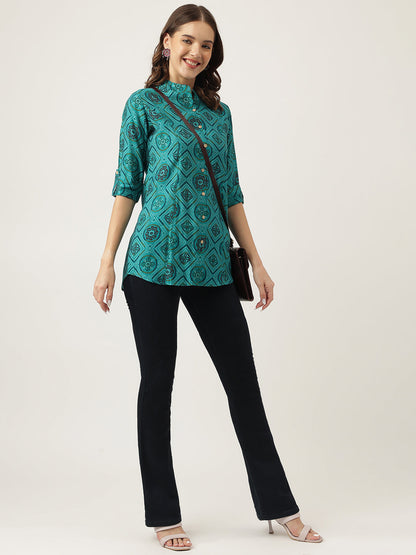 Turquoise Blue Printed Muslin Fold Sleeve Top | LASVINI - Redefining Indian Fashion with Elegance