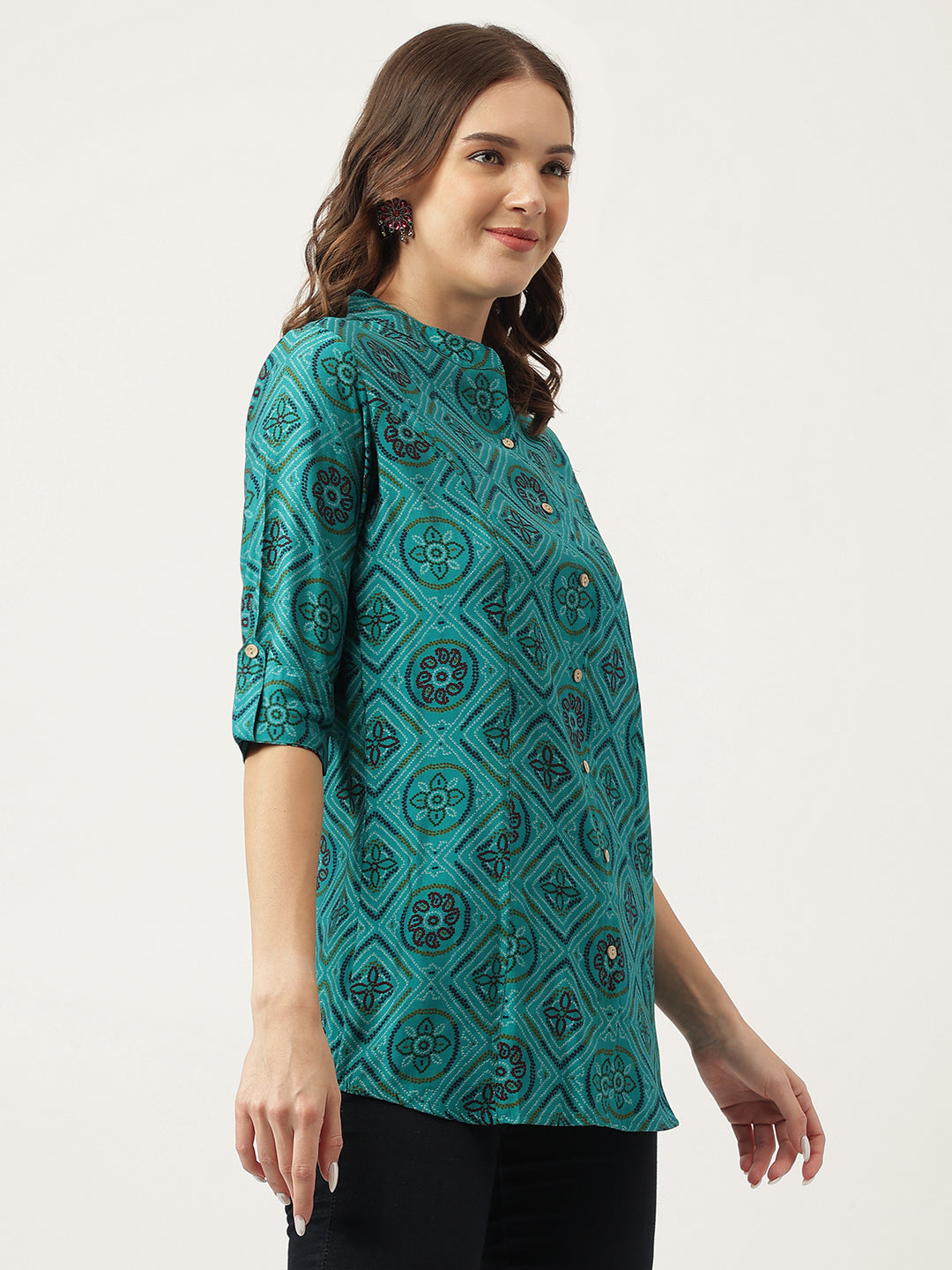 Turquoise Blue Printed Muslin Fold Sleeve Top | LASVINI - Redefining Indian Fashion with Elegance