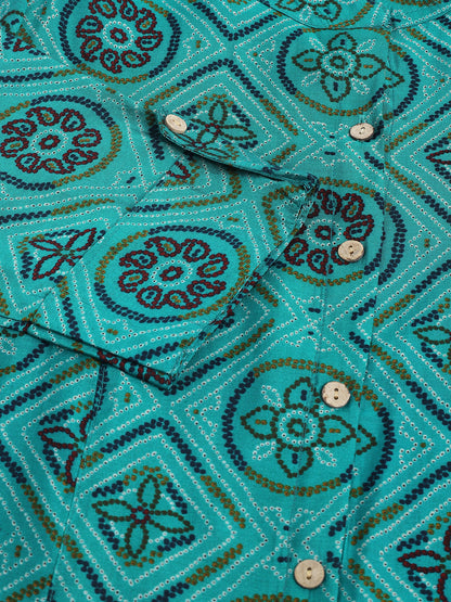 Turquoise Blue Printed Muslin Fold Sleeve Top | LASVINI - Redefining Indian Fashion with Elegance