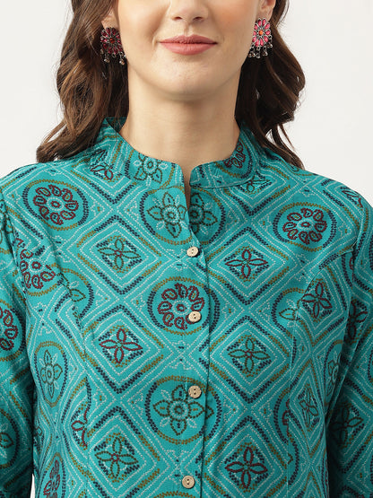 Turquoise Blue Printed Muslin Fold Sleeve Top | LASVINI - Redefining Indian Fashion with Elegance