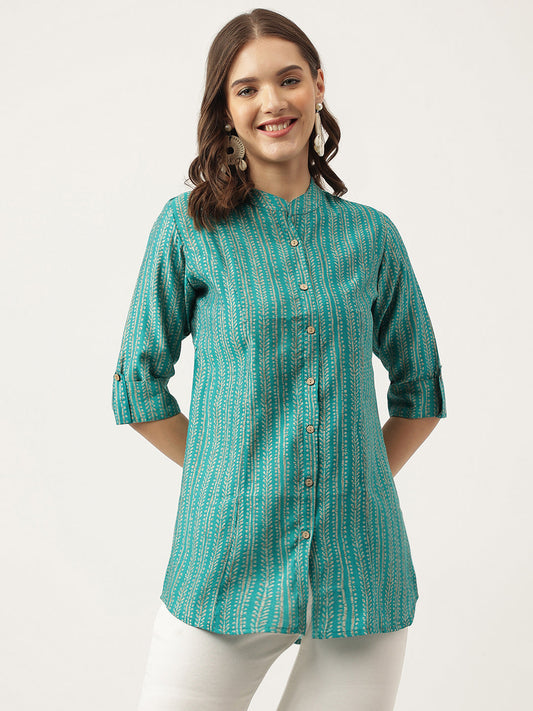 Teal Blue Printed Muslin Fold Sleeve Top | LASVINI - Redefining Indian Fashion with Elegance