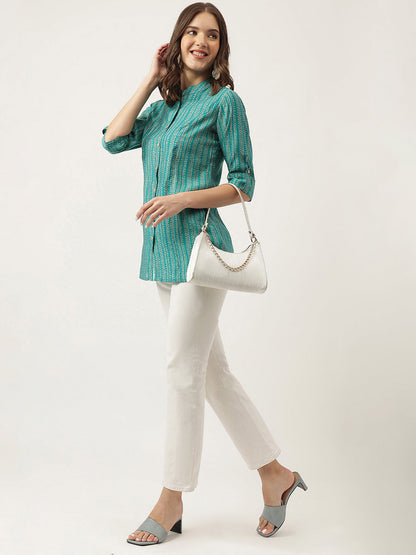 Teal Blue Printed Muslin Fold Sleeve Top | LASVINI - Redefining Indian Fashion with Elegance