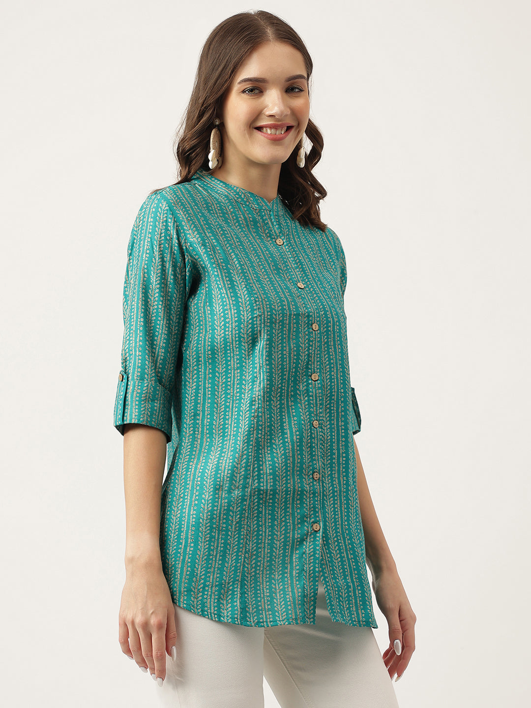 Teal Blue Printed Muslin Fold Sleeve Top | LASVINI - Redefining Indian Fashion with Elegance