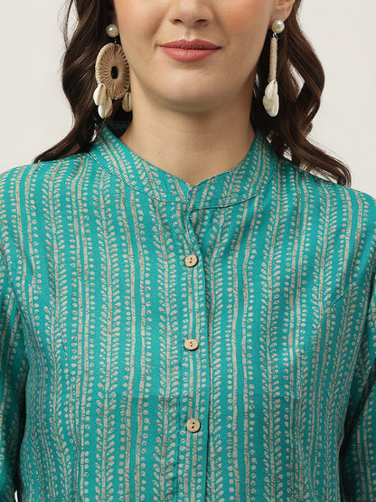 Teal Blue Printed Muslin Fold Sleeve Top | LASVINI - Redefining Indian Fashion with Elegance