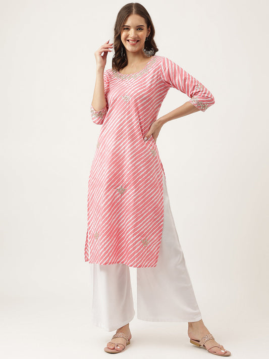 Stripe Print With Gota Work Cotton Straight Kurta | LASVINI - Redefining Indian Fashion with Elegance