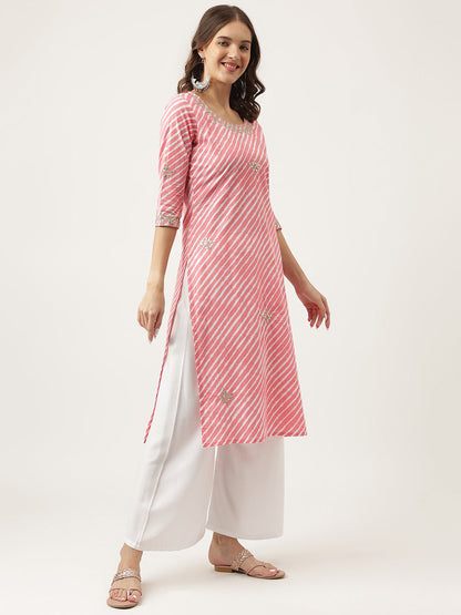 Stripe Print With Gota Work Cotton Straight Kurta | LASVINI - Redefining Indian Fashion with Elegance