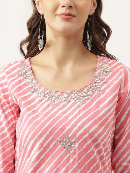Stripe Print With Gota Work Cotton Straight Kurta | LASVINI - Redefining Indian Fashion with Elegance