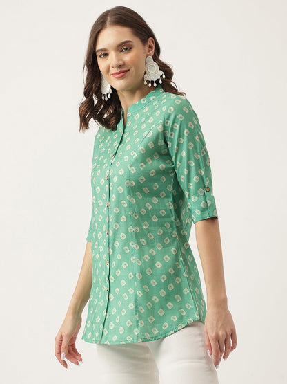 See Green Bandhani Printed Muslin Fold Sleeve Top | LASVINI - Redefining Indian Fashion with Elegance