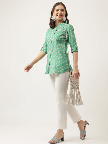 See Green Bandhani Printed Muslin Fold Sleeve Top | LASVINI - Redefining Indian Fashion with Elegance