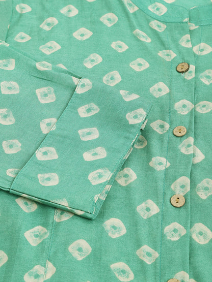 See Green Bandhani Printed Muslin Fold Sleeve Top | LASVINI - Redefining Indian Fashion with Elegance