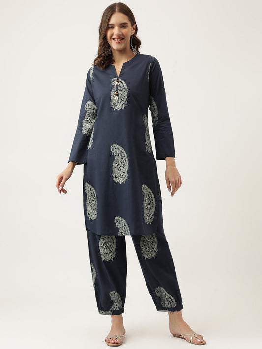 Black Cotton Paisley Print Kurta Hem Cuffed Pant Set | LASVINI - Redefining Indian Fashion with Elegance