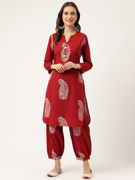 Maroon Paisley Print Cotton Co-Ord Set | LASVINI - Redefining Indian Fashion with Elegance