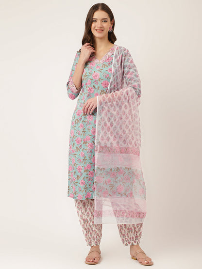 Sea Green Hand Block Floral Print Cotton Kurta, Salwar With Dupatta | LASVINI - Redefining Indian Fashion with Elegance
