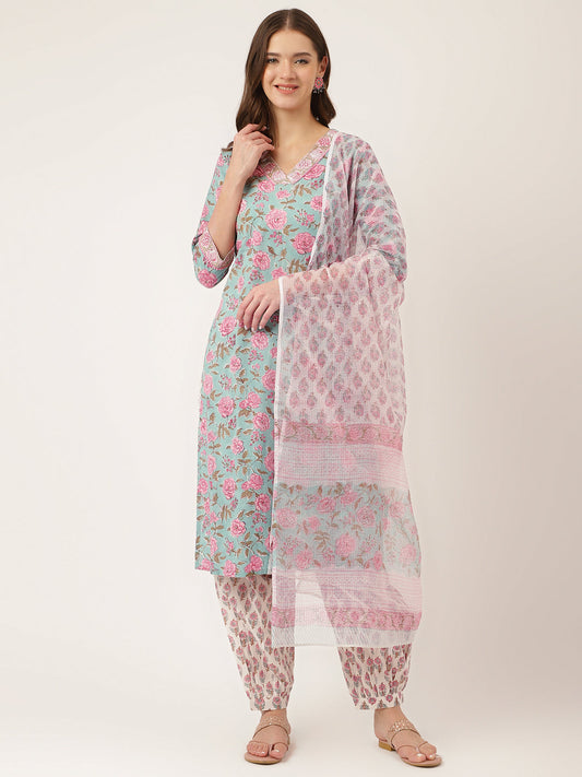 Sea Green Hand Block Floral Print Cotton Kurta, Salwar With Dupatta | LASVINI - Redefining Indian Fashion with Elegance
