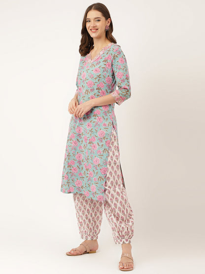 Sea Green Hand Block Floral Print Cotton Kurta, Salwar With Dupatta | LASVINI - Redefining Indian Fashion with Elegance