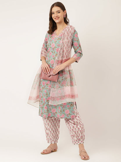 Sea Green Hand Block Floral Print Cotton Kurta, Salwar With Dupatta | LASVINI - Redefining Indian Fashion with Elegance