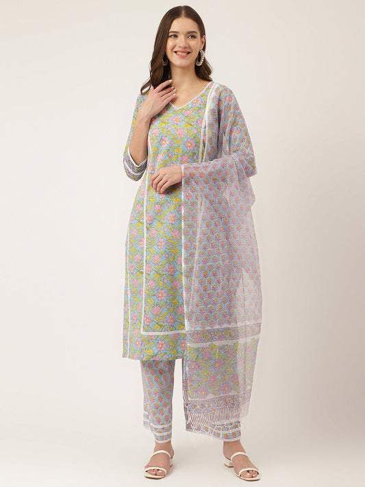 Blue Floral Print Cotton Kurta, Trouser With Dupatta | LASVINI - Redefining Indian Fashion with Elegance