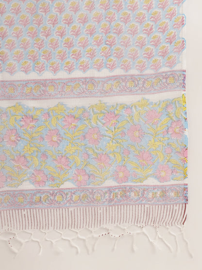 Blue Floral Print Cotton Kurta, Trouser With Dupatta | LASVINI - Redefining Indian Fashion with Elegance