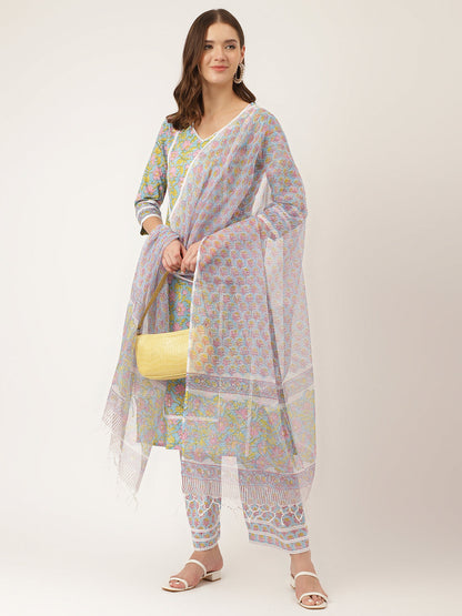 Blue Floral Print Cotton Kurta, Trouser With Dupatta | LASVINI - Redefining Indian Fashion with Elegance