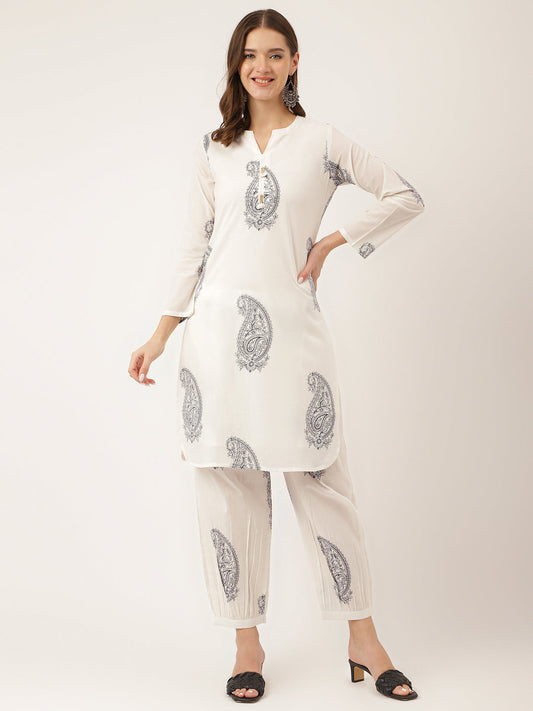 White Paisley Print Cotton Co-Ord Set | LASVINI - Redefining Indian Fashion with Elegance