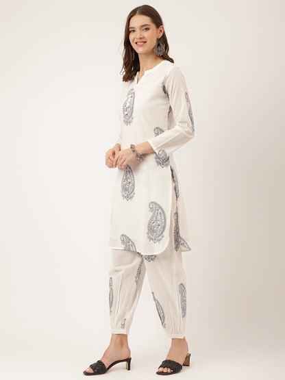 White Paisley Print Cotton Co-Ord Set | LASVINI - Redefining Indian Fashion with Elegance