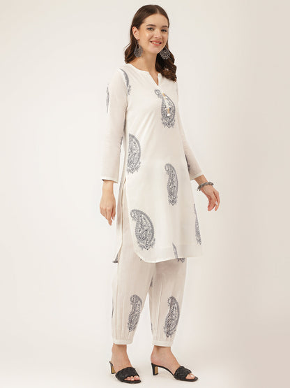 White Paisley Print Cotton Co-Ord Set | LASVINI - Redefining Indian Fashion with Elegance