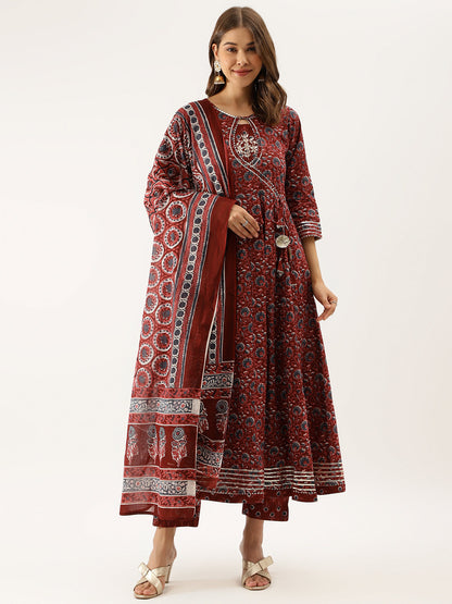 Women Maroon Floral Printed Cotton Anarkali Kurta Set With Dupatta | LASVINI - Redefining Indian Fashion with Elegance