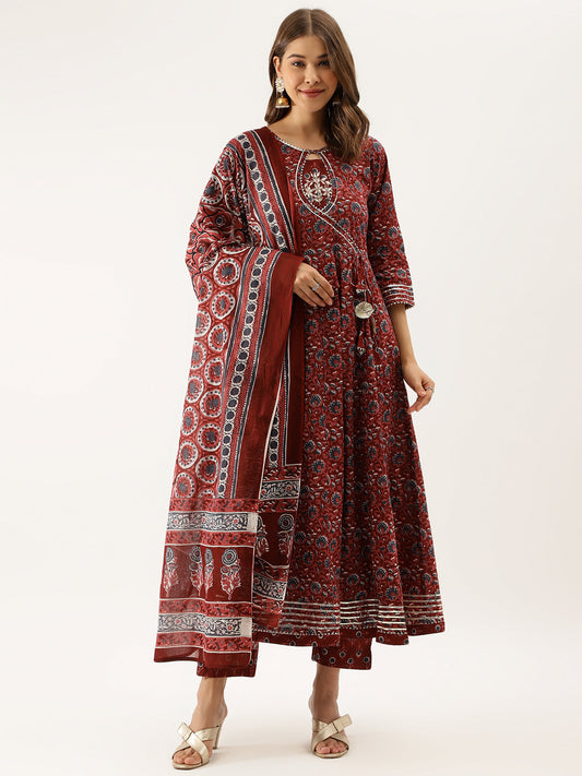 Women Maroon Floral Printed Cotton Anarkali Kurta Set With Dupatta | LASVINI - Redefining Indian Fashion with Elegance