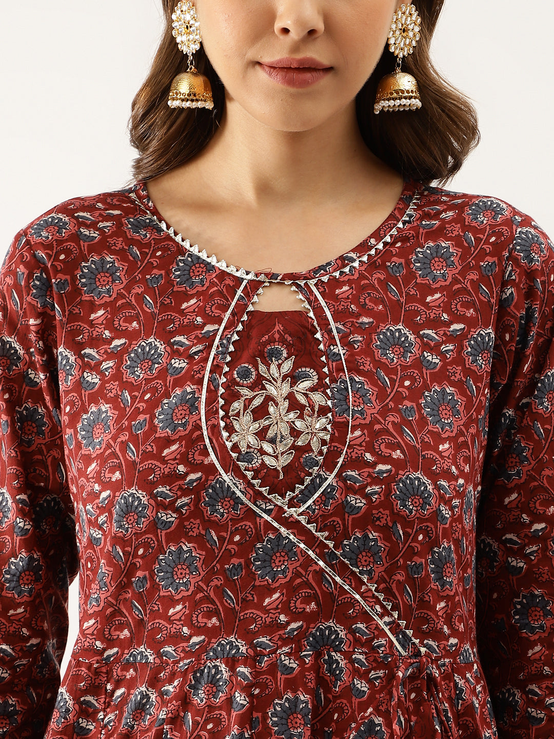Women Maroon Floral Printed Cotton Anarkali Kurta Set With Dupatta | LASVINI - Redefining Indian Fashion with Elegance