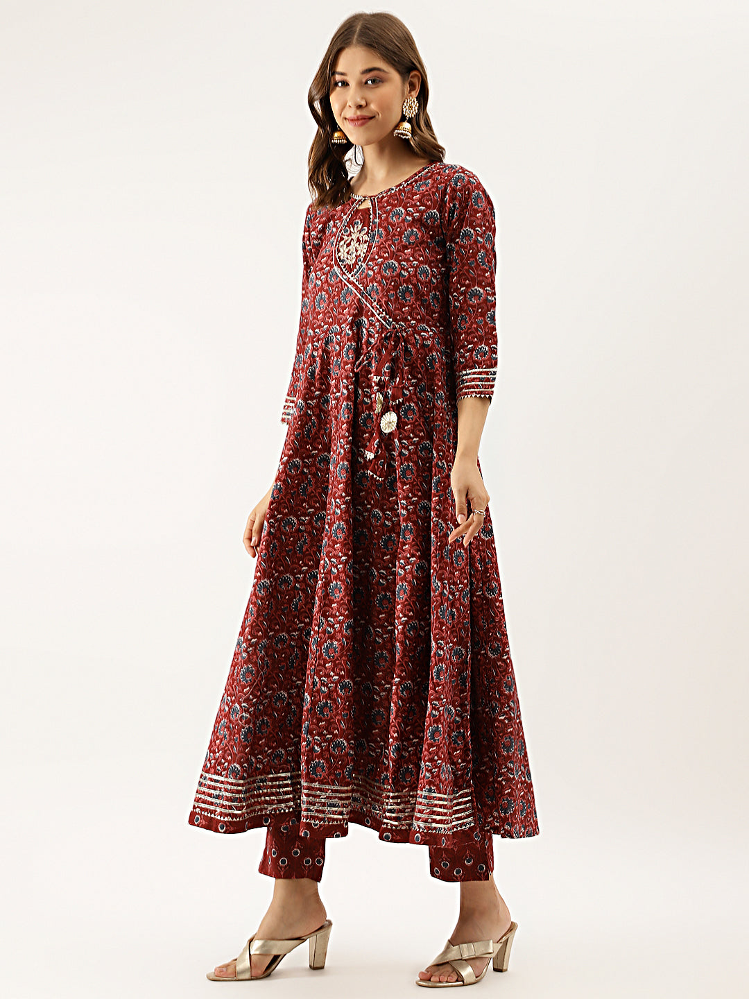Women Maroon Floral Printed Cotton Anarkali Kurta Set With Dupatta | LASVINI - Redefining Indian Fashion with Elegance