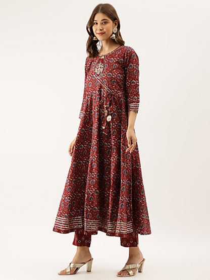 Women Maroon Floral Printed Cotton Anarkali Kurta Set With Dupatta | LASVINI - Redefining Indian Fashion with Elegance