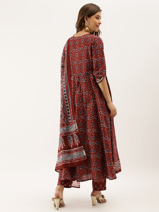 Women Maroon Floral Printed Cotton Anarkali Kurta Set With Dupatta | LASVINI - Redefining Indian Fashion with Elegance