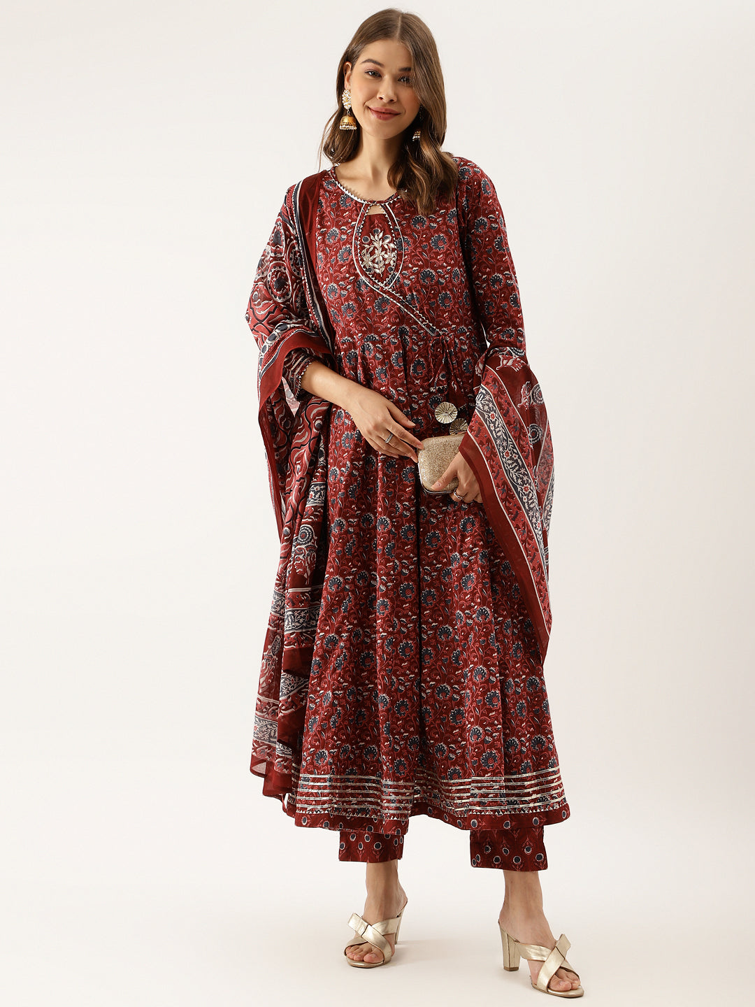 Women Maroon Floral Printed Cotton Anarkali Kurta Set With Dupatta | LASVINI - Redefining Indian Fashion with Elegance